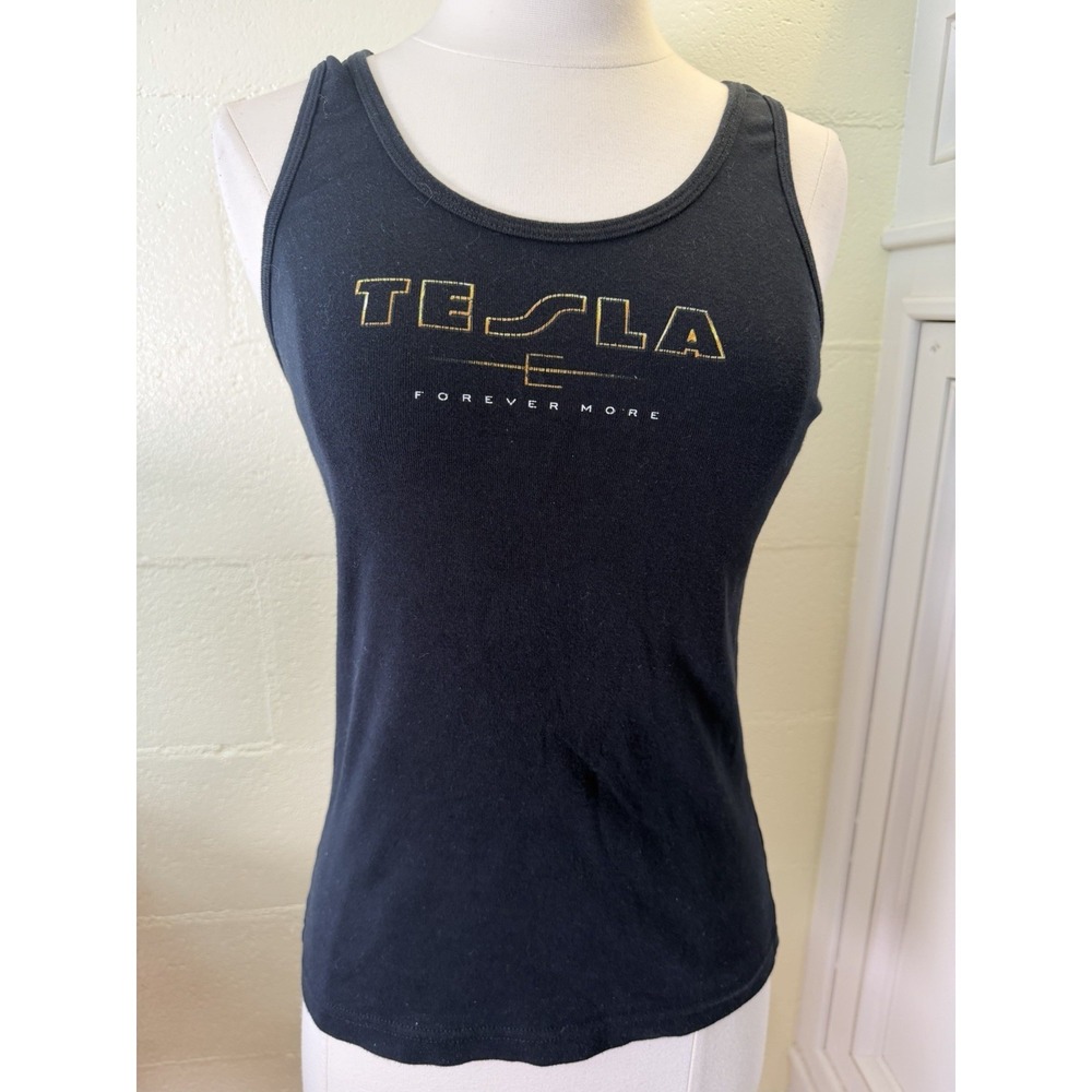 Vtg American Apparel TESLA Forever More Tank Top Black Gold Logo Made USA Size L